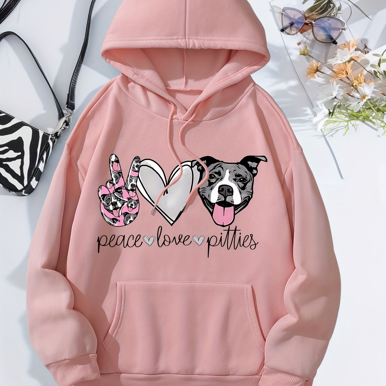 

Dog Print Kangaroo Pocket Hoodie, Casual Long Sleeve Drawstring Hoodies Sweatshirt, Women's Clothing