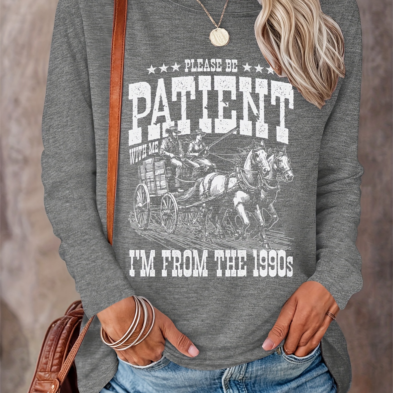 

Women's Casual Crew Neck Long Sleeve T-shirt With Vintage Carriage Print - Polyester Blend Comfort Fit Top For Spring/fall