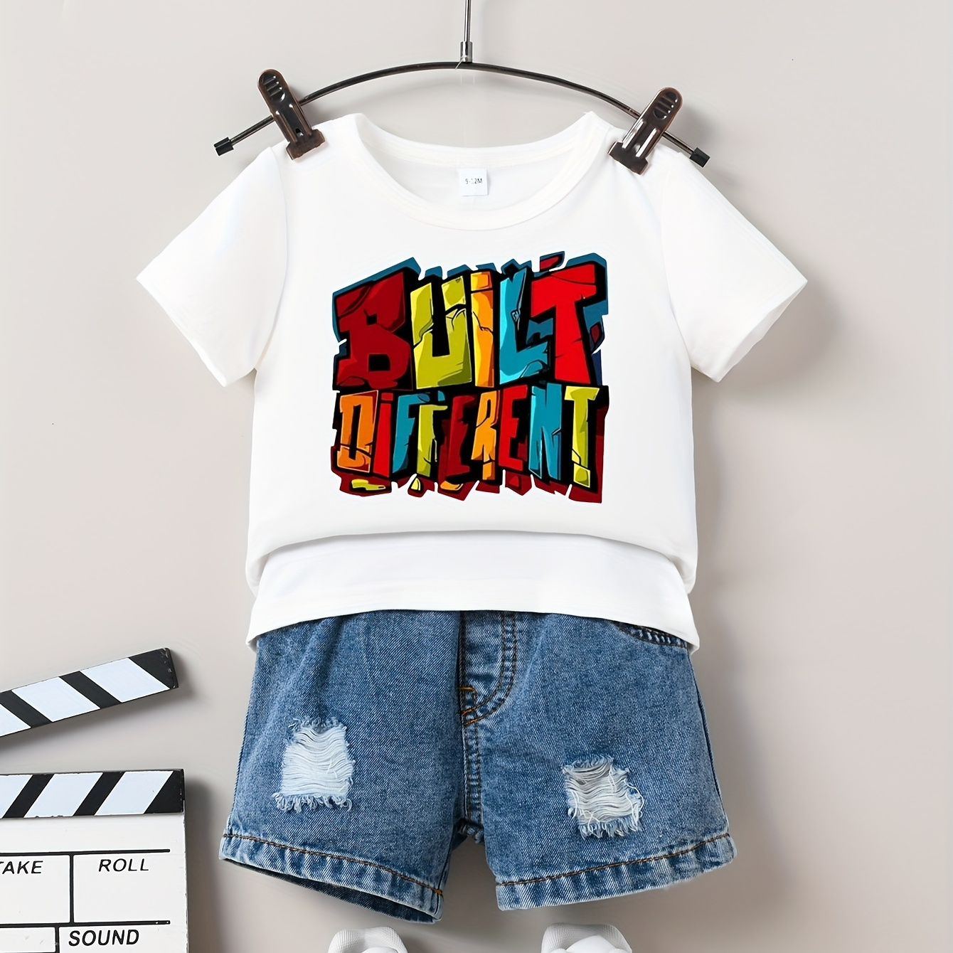 

2pcs Baby Boy's Letter Print White Short Sleeve T-shirt & Denim Shorts Set For Summer