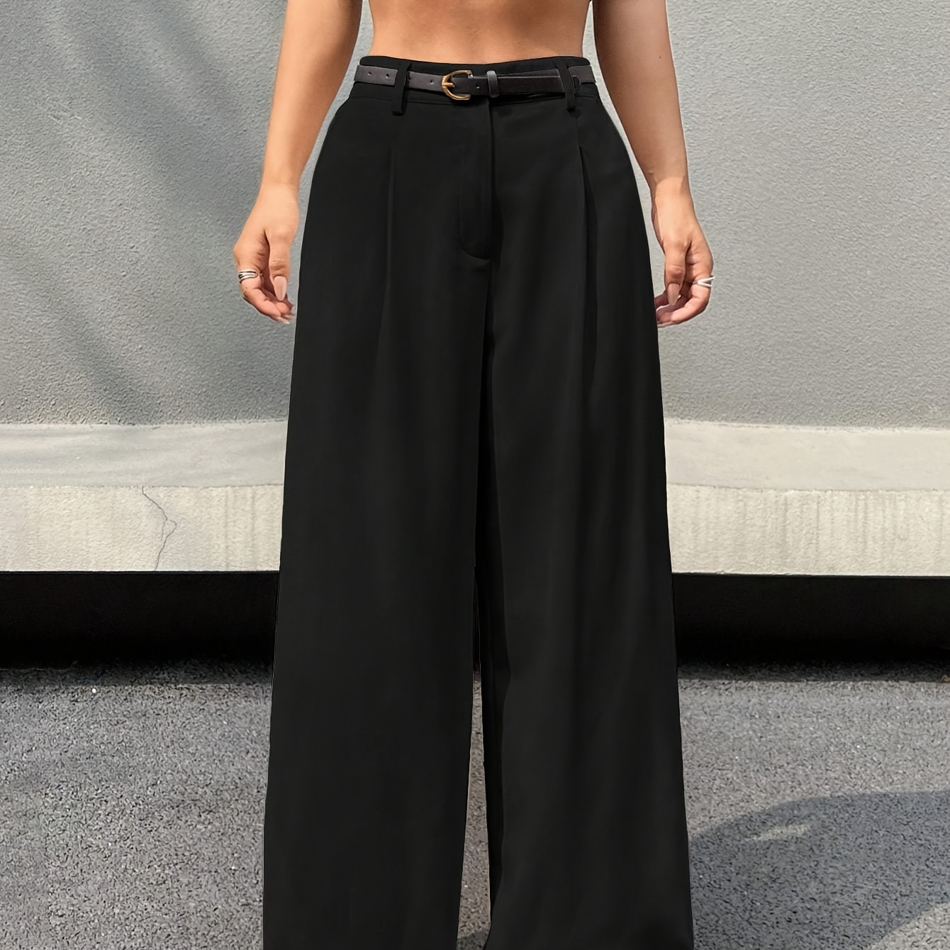 

Stylish Casual Wide-leg Pants, Solid Color Polyester, Non-stretch Fabric, Button Detail - Machine Washable For Spring/summer/fall