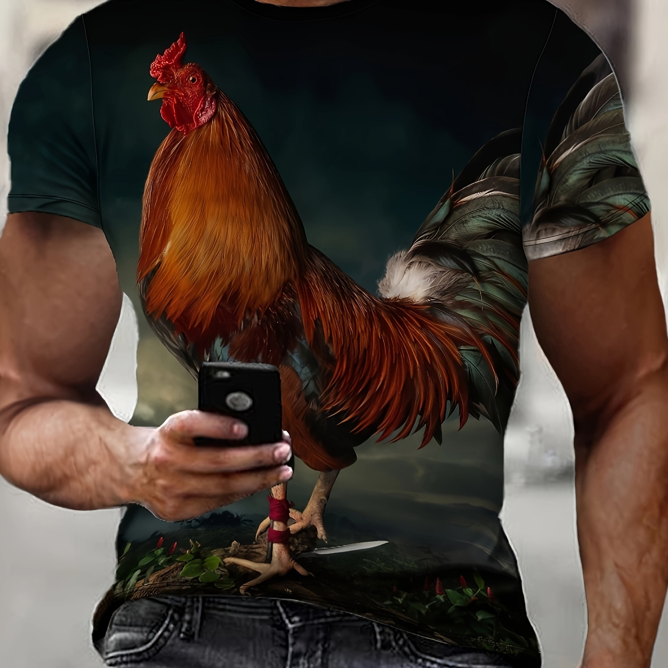 

Men's Rooster Print T-shirt, Casual Short Sleeve Crew Neck Tee, Men's Clothing For Outdoor