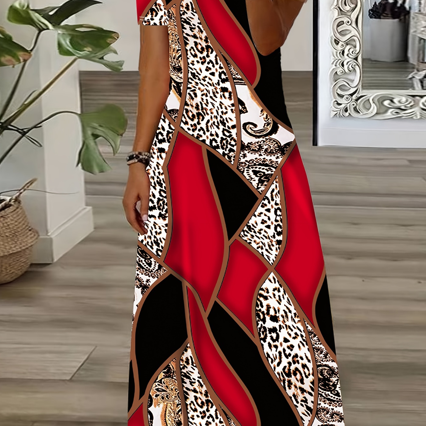 

Robe à col en V épissure imprimé léopard grande taille, robe décontractée à manches courtes pour le printemps et l'été, vêtements grande taille pour femmes