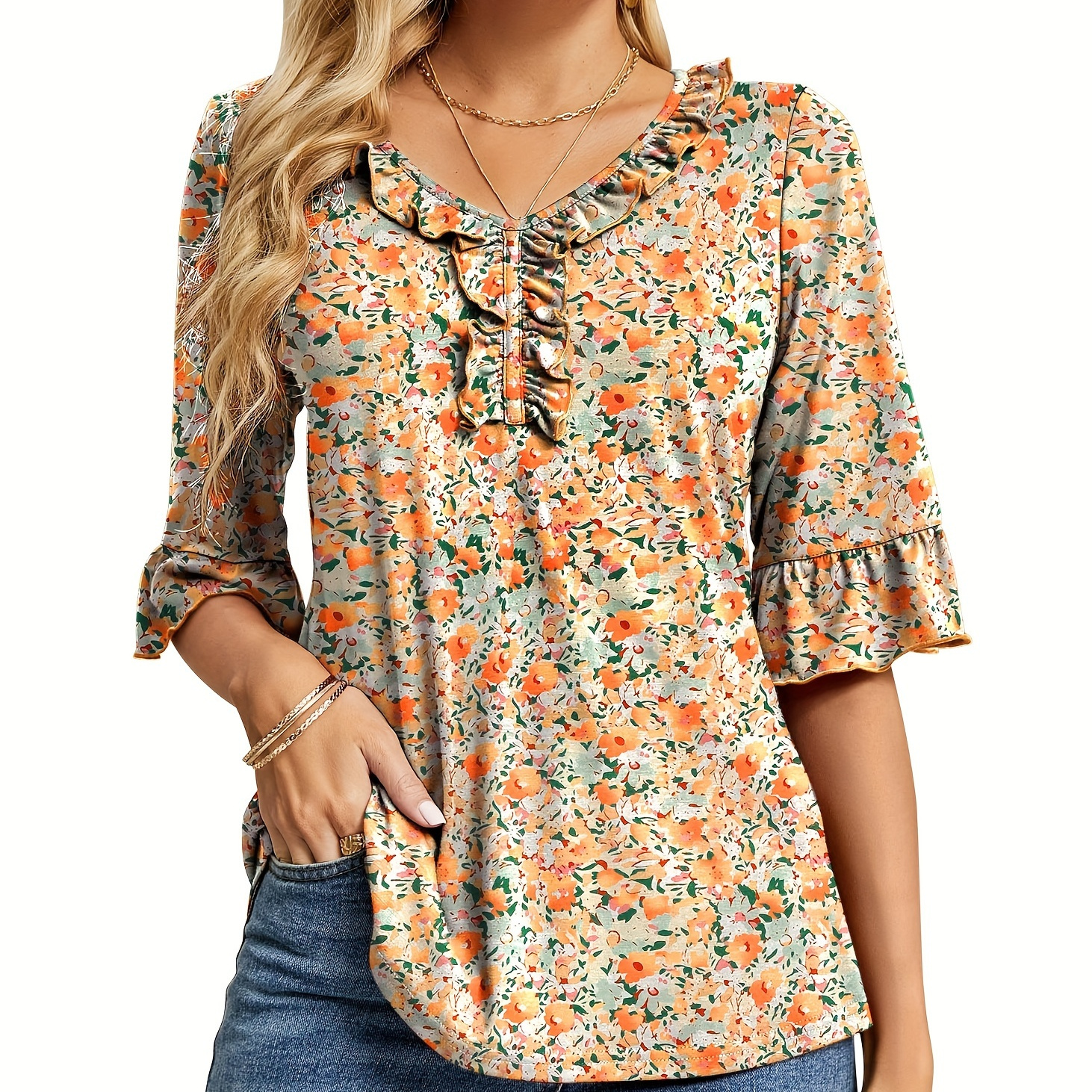 

Women's Casual V Neck T Shirts Loose Summer Fall 3/4 Bell Sleeve Tops Ruffle Tunic Blouses