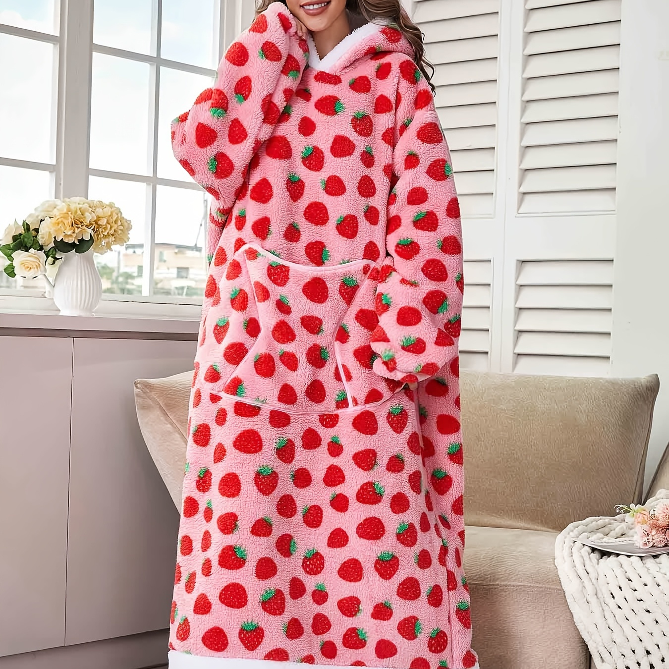 

Cute Hooded Nightgown With Strawberry Pattern, Unisex Long Flannel Robe, Cozy Sleepwear, Polyester Knit Fabric, With Fleece , For Adults, Christmas Themed Loungewear