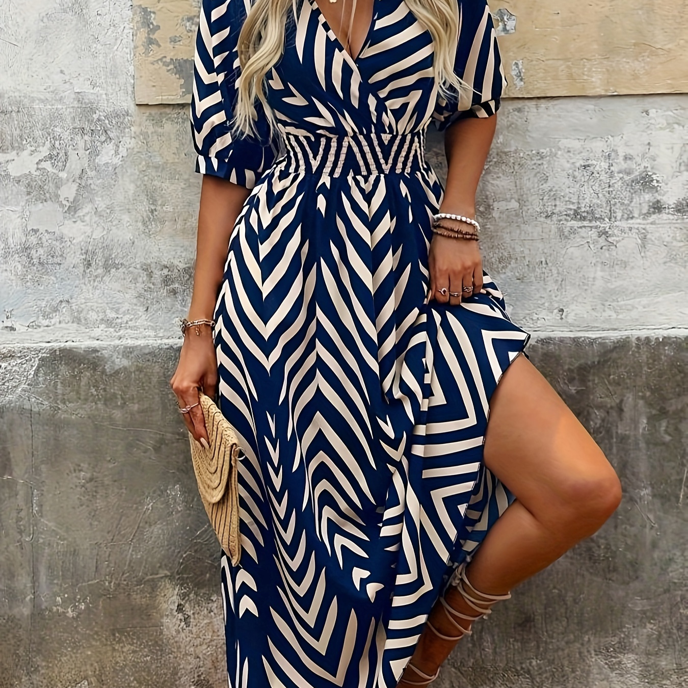 

Chevron Print Surplice Neck Dress, Elegant Short Sleeve Shirred Waist A-line Dress For , Women's Clothing