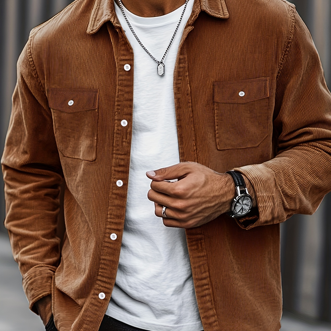 

Men' Classic Corduroy Shirt Jacket With Dual Chest Pockets, Casual Lapel Collar Button-down, Regular Fit Solid Color Long Sleeve Shirt For , , Spring/fall