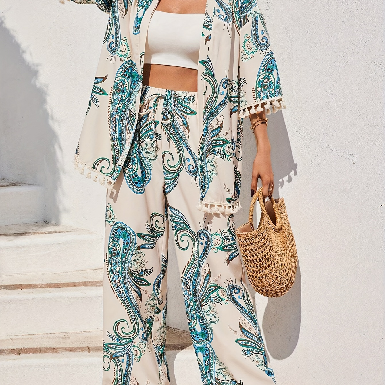 

Vacation Style Paisley Print Pantsuits, Open Front 3/4 Sleeve Tassel Hem Top & High Waist Wide Leg Pants Outfits, Women's Clothing