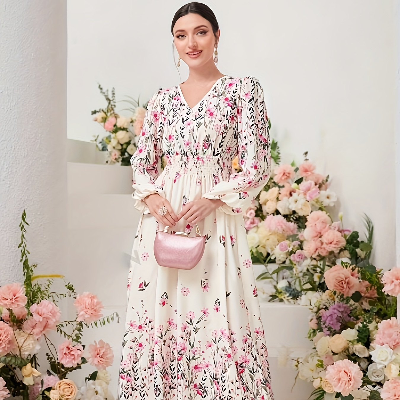 

Floral Print Shirred V Neck A-line Dress, Elegant Long Sleeve Dress For Spring & Fall, Women's Clothing