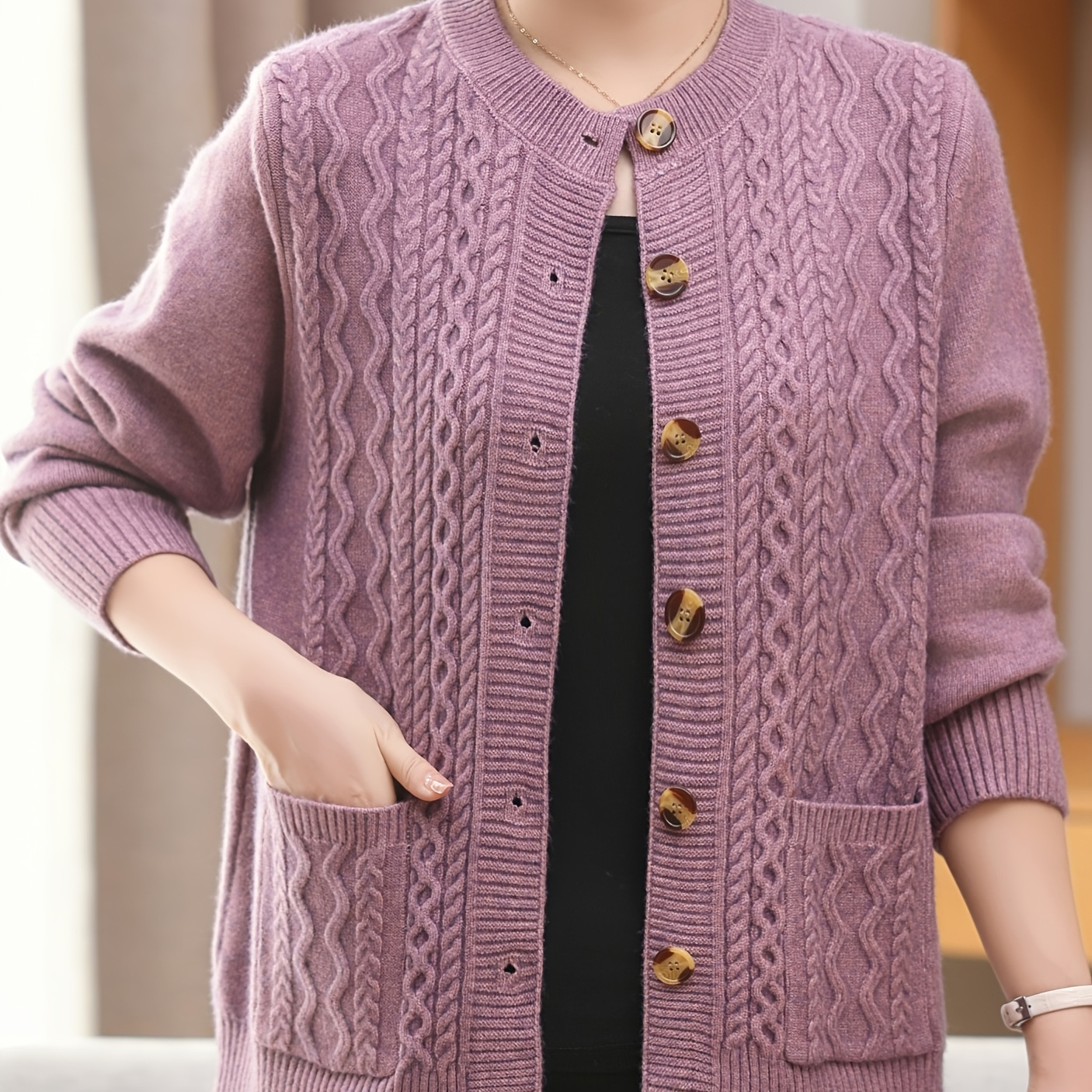 

Women's Casual Cable Knit Cardigan With Button Front, Long Sleeve & Pocket - Cozy Polyester Blend For All