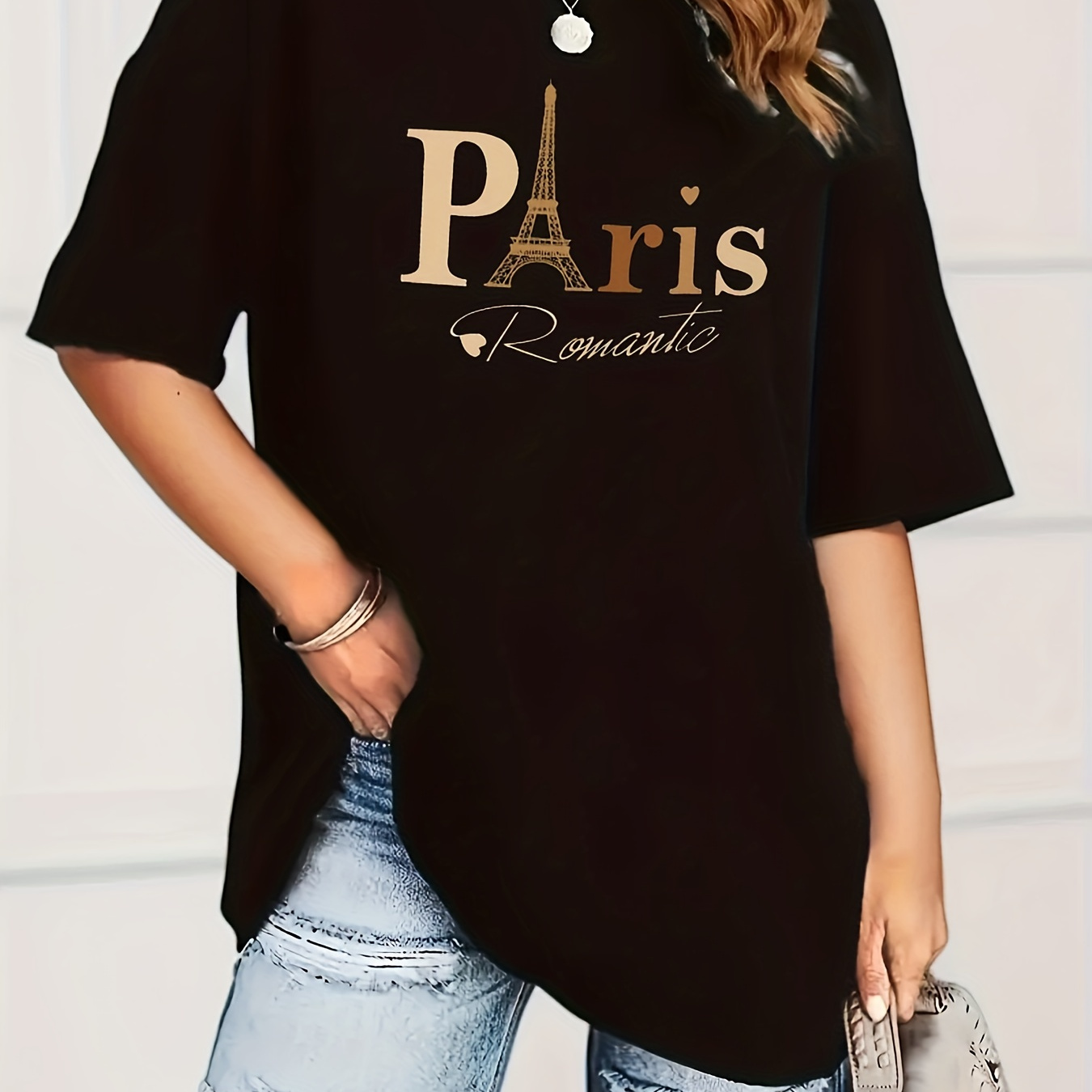 

Paris Tower Print Casual T-shirt, Round Neck Short Sleeves Sports Tee, Women's Comfy Tops