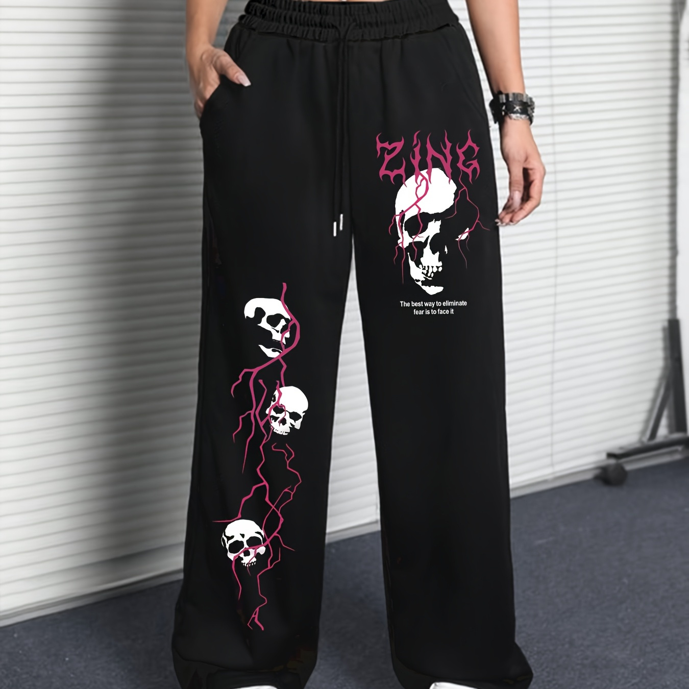 

Women's Casual Hip-hop Sweatpants, 100% Polyester Knit Fabric, Winter Sports Pants With Skull Print, Loose Fit Wide Leg Trousers, 210g/m² Weight