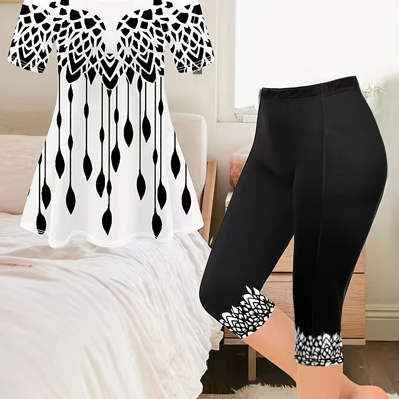 

Casual Allover Print Two-piece, Short Sleeve T-shirt & Skinny Capris Leggings Outfits, Women's Clothing