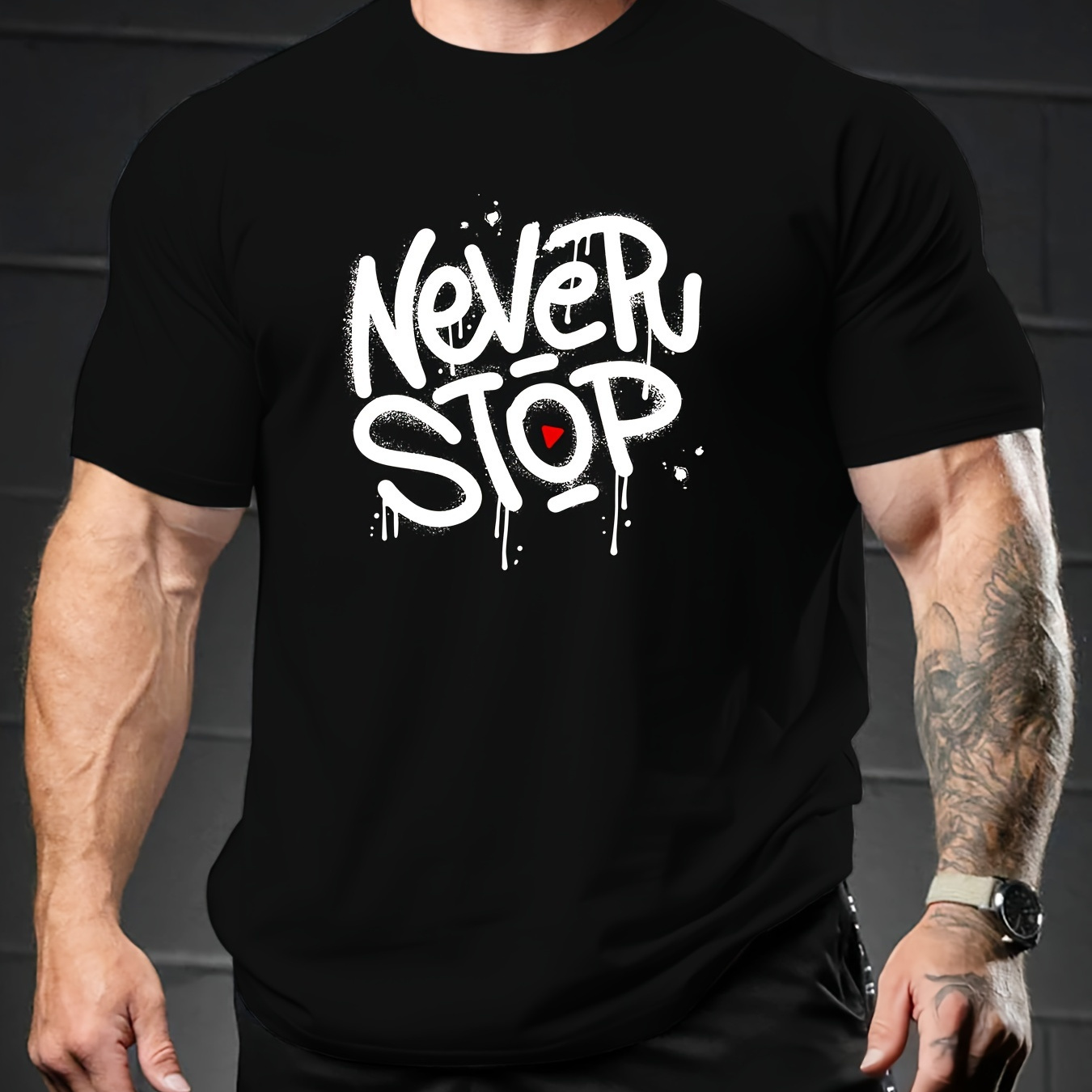 

Never Stop Letters Print Short Sleeve T-shirt For Men, Casual Crew Neck Cotton Top, Comfy Summer Clothing For Daily Wear & Outdoor Fitness