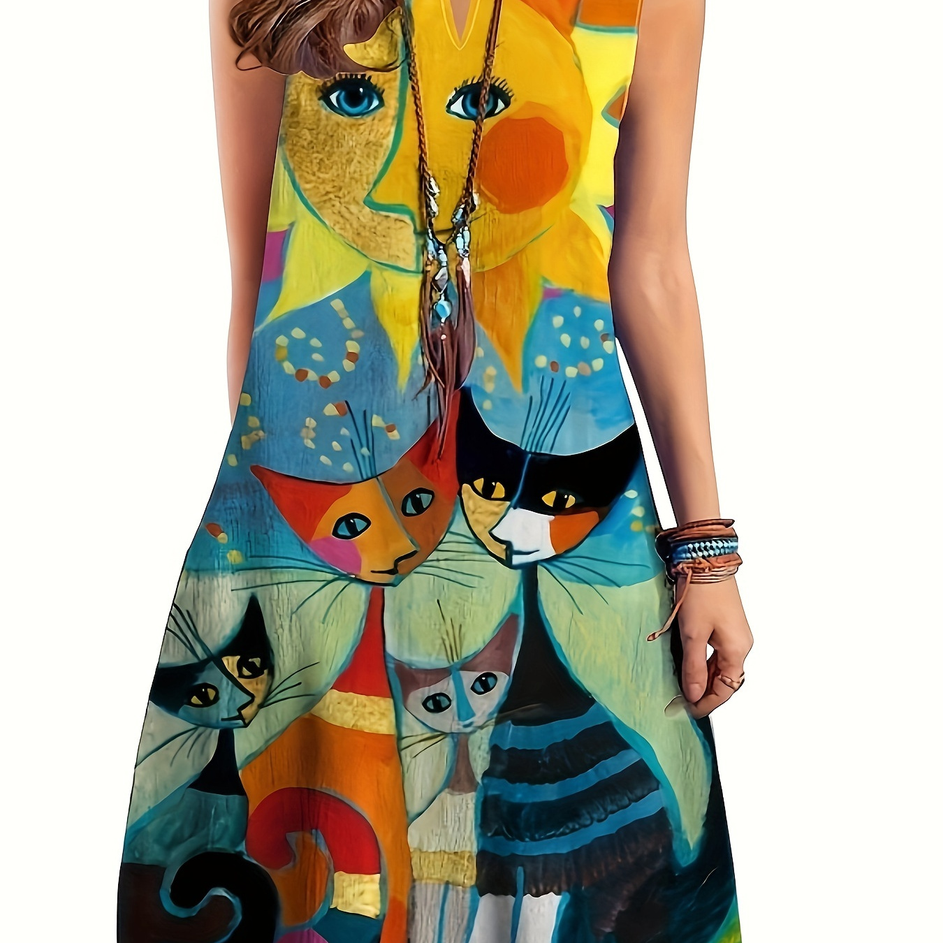 

Grahpic Print Notch Neck Dress, Casual Sleeveless Tank Dress For Spring & Summer, Women's Clothing