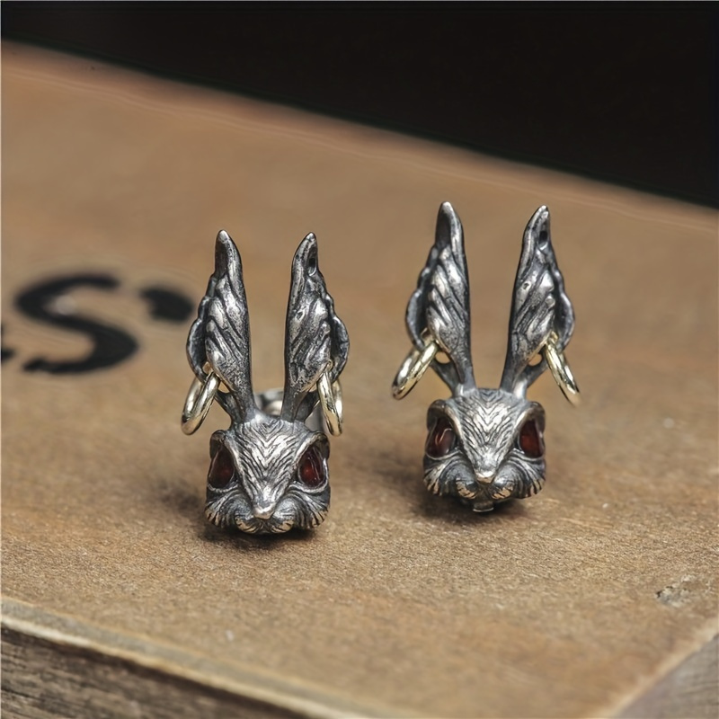 

2pcs/pair Retro Stud Earrings With Red Cubic Zirconia Eye Rabbit For Men And Women