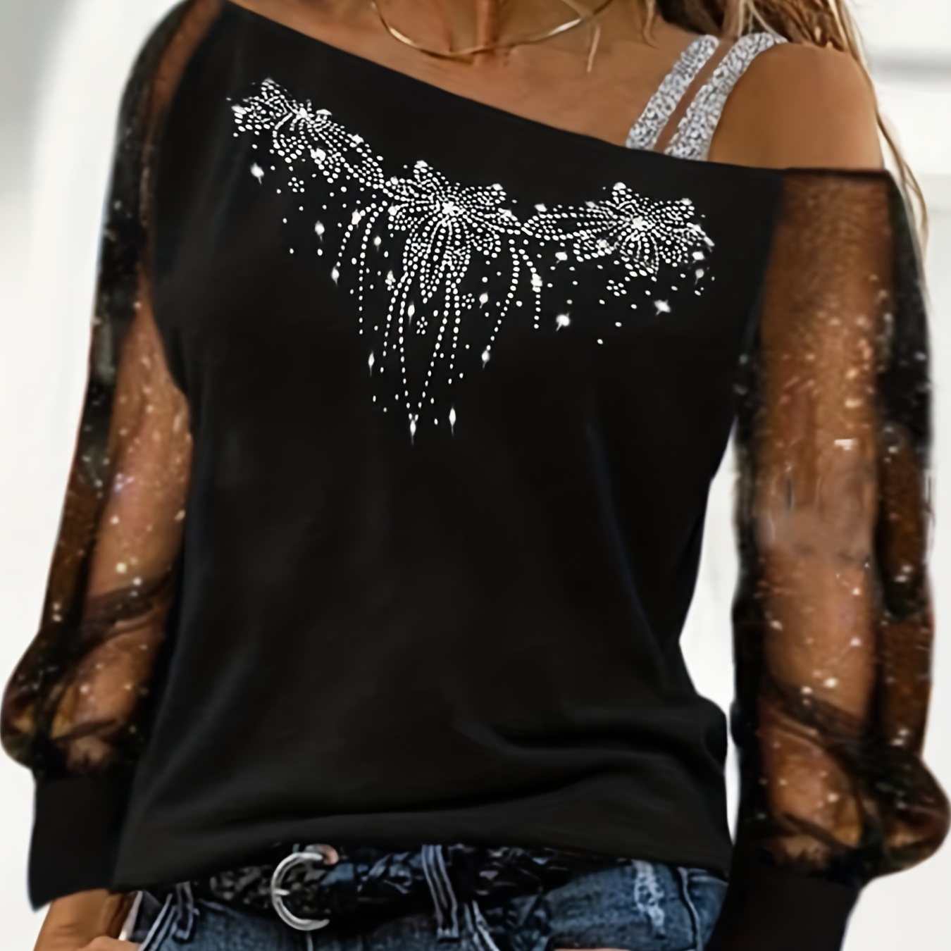 

Rhinestones Floral Asymmetrical T-shirt, Casual Cold Shoulder Mesh Long Sleeve Top For , Women's Clothing