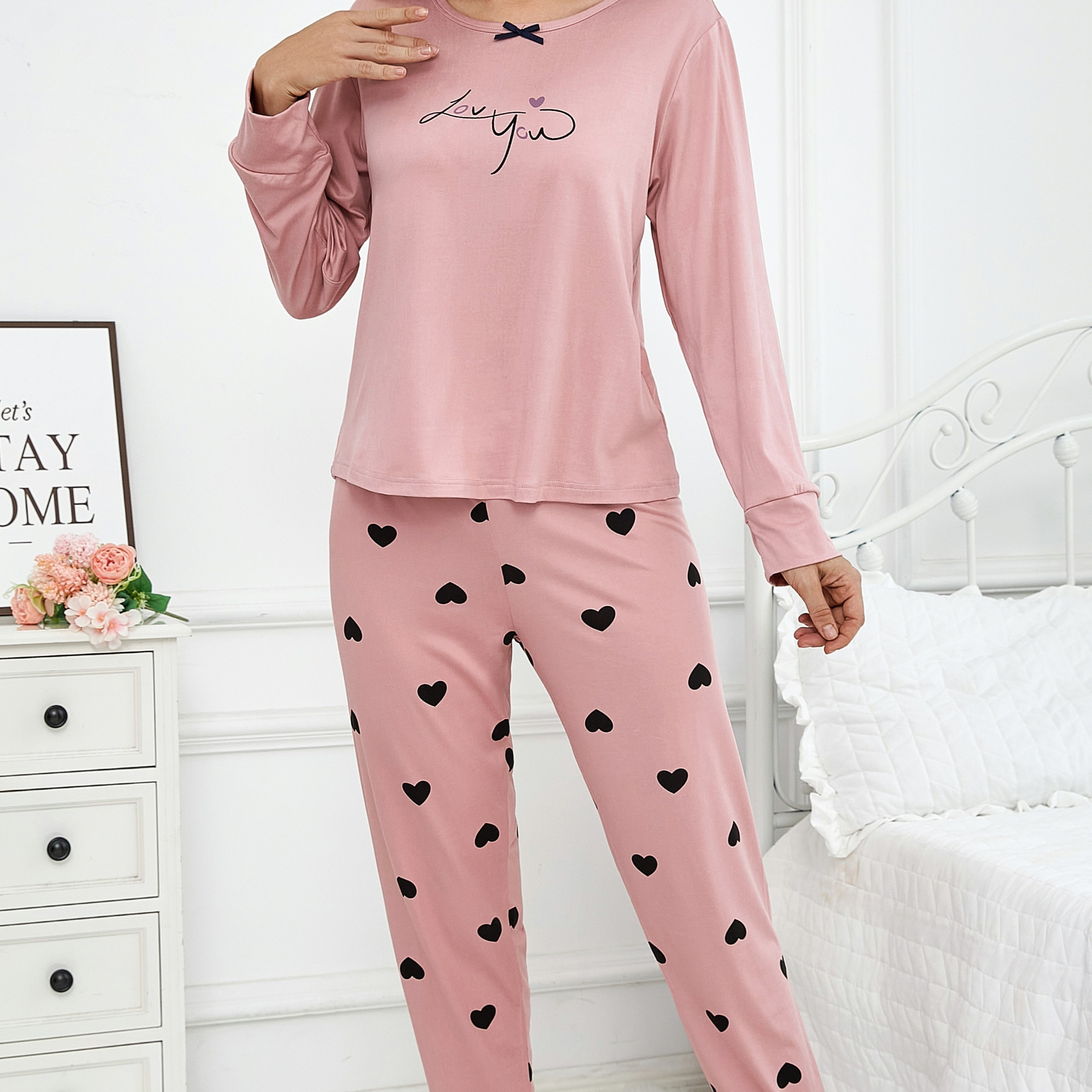 

Heart Pattern Women's Pajama Set - Long Sleeve, Round Neck, Polyester Loungewear For Fall/winter