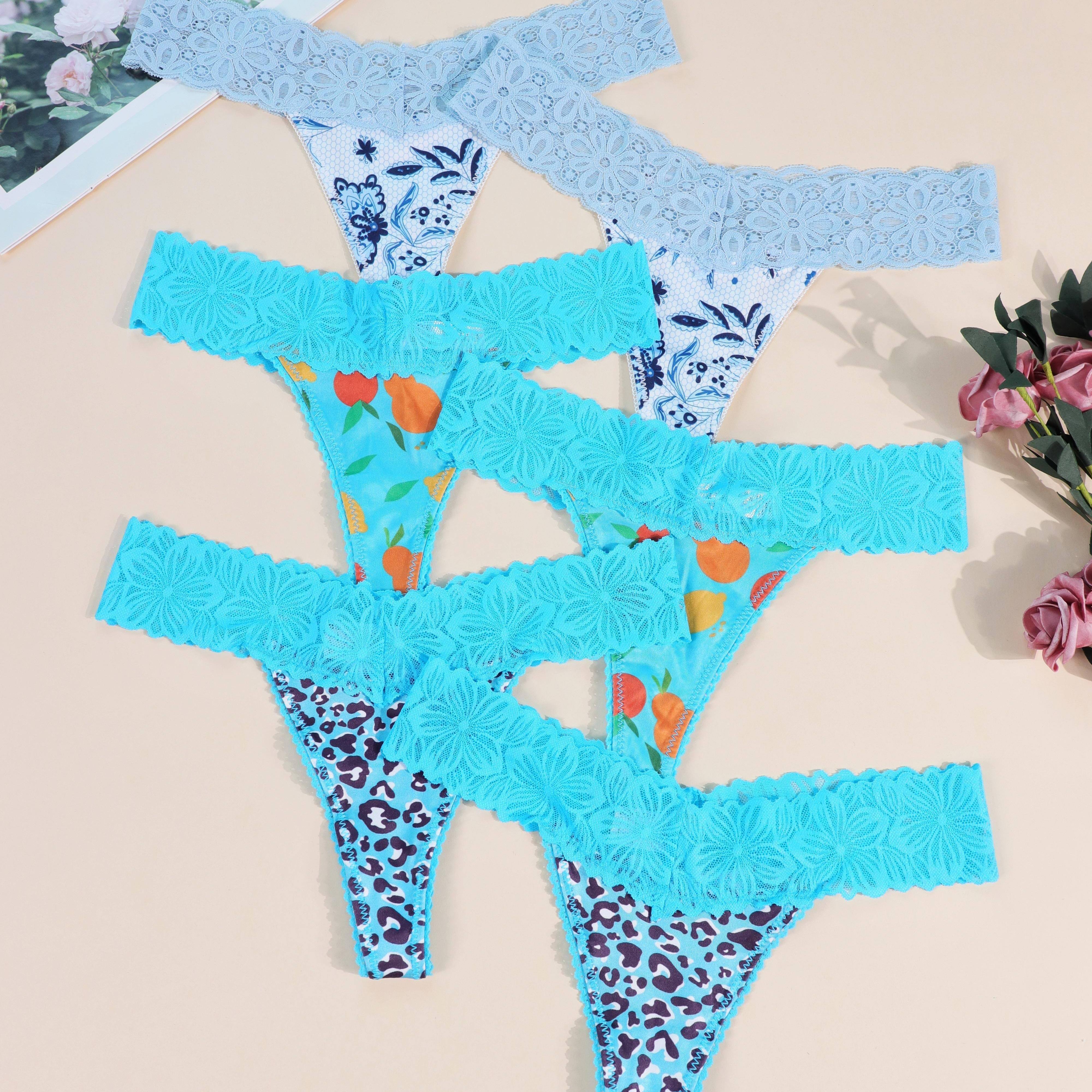 

6 Pcs Colorblock Graphic Print Lace Trim Thongs, Comfy & Breathable Intimates Panties, Women's Lingerie & Underwear