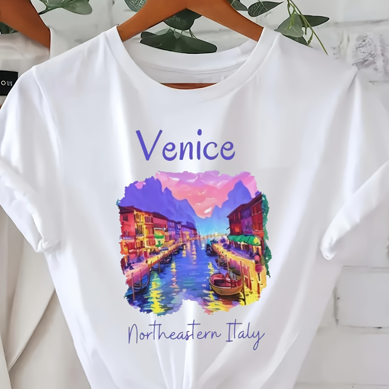 

Venice Print T-shirt, Short Sleeve Crew Neck Casual Top For Summer & Spring, Women's Clothing