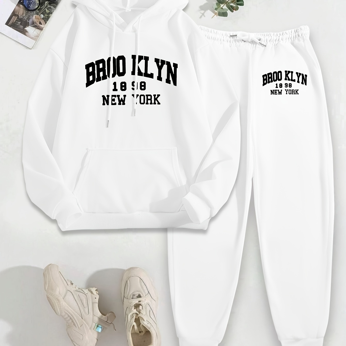 

Letter Print 2 Piece Set, Drawstring Hoodie & Jogger Sweatpants, Women's Clothing