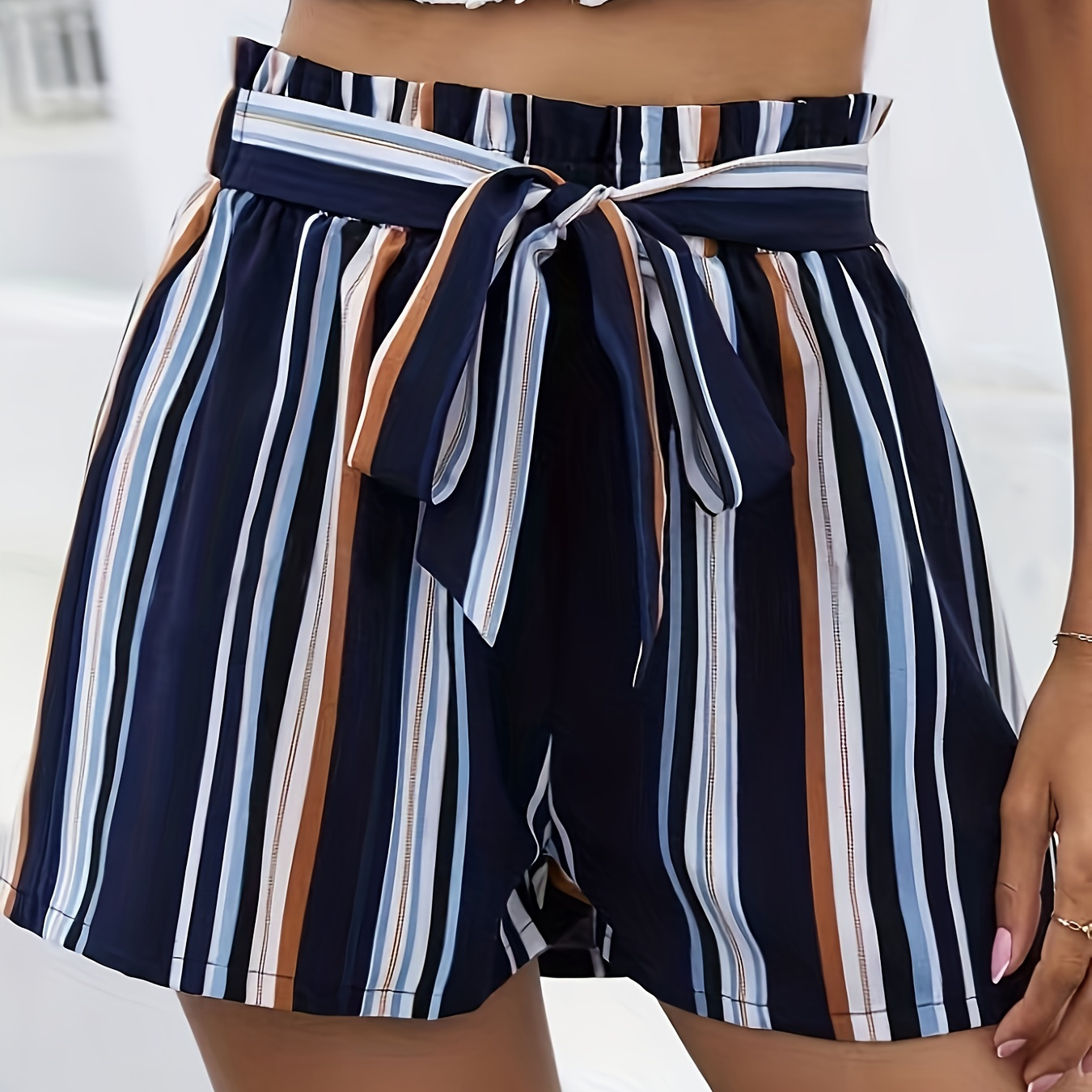 

Stripe Print High Waist Loose Shorts, Casual Tied Waist Shorts For Spring & Summer, Women's Clothing