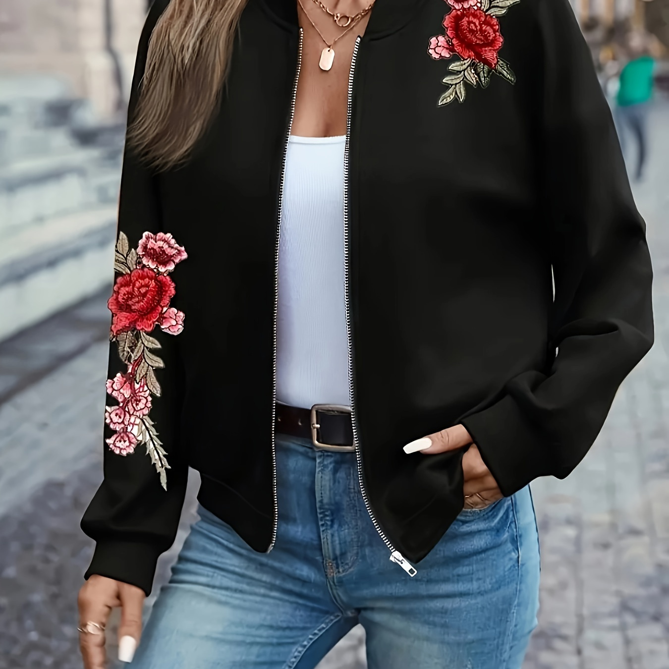 

Plus Size Floral Pattern Zip Up Jacket, Casual Long Sleeve Outerwear For Spring & Fall, Women's Plus Size Clothing