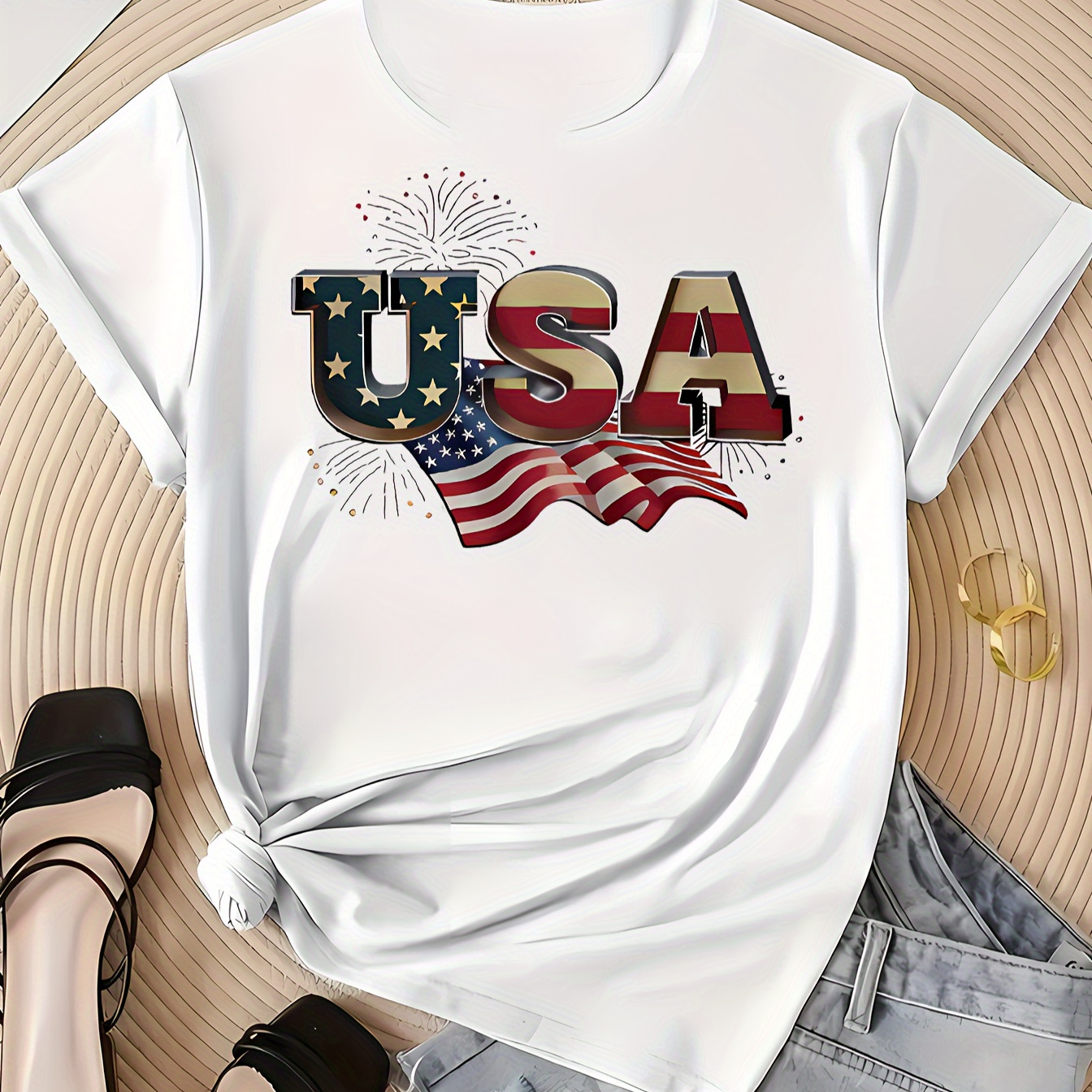 

Women's Casual Slim-fit T-shirt, Summer Independence Day "usa" Flag Print, Short Sleeve, Round Neck Top, Versatile Fashion Tee