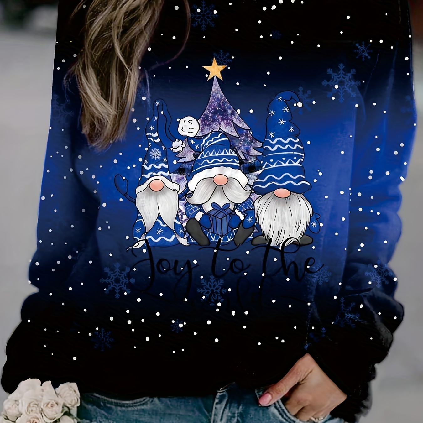 

Plus Size Christmas Casual Sweatshirt, Women's Plus Snowflake & Gnomes Print Long Sleeve Round Neck Medium Stretch Pullover Top