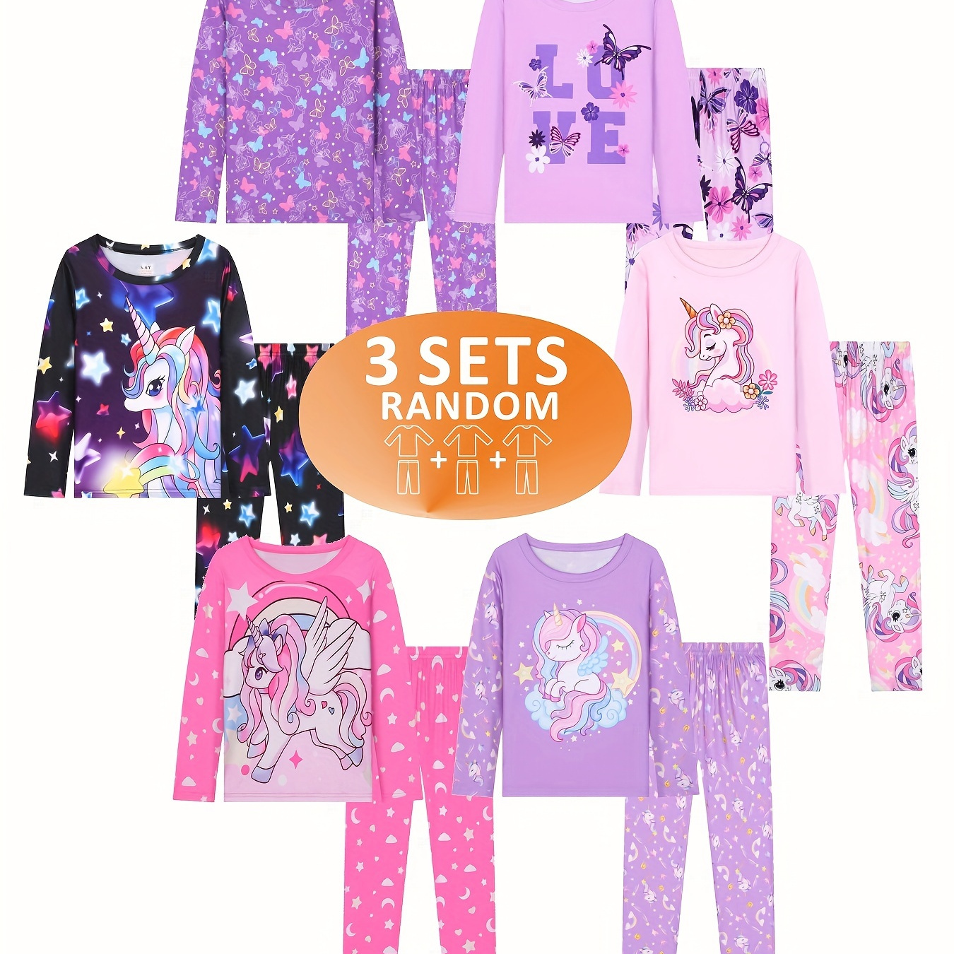 

Ensemble Pyjama pour Filles à Col Rond, 3pcs Aléatoire, 6pcs Motif Cartoon, Manches Longues et Pantalon Long, Vêtements de Maison, Test Ignifuge Passé