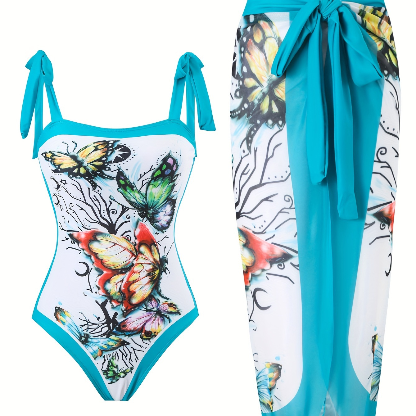 

Bright Two-piece Swimsuit Set With Bow Shoulder Straps And High-waisted Skirt - Women' Swimwear