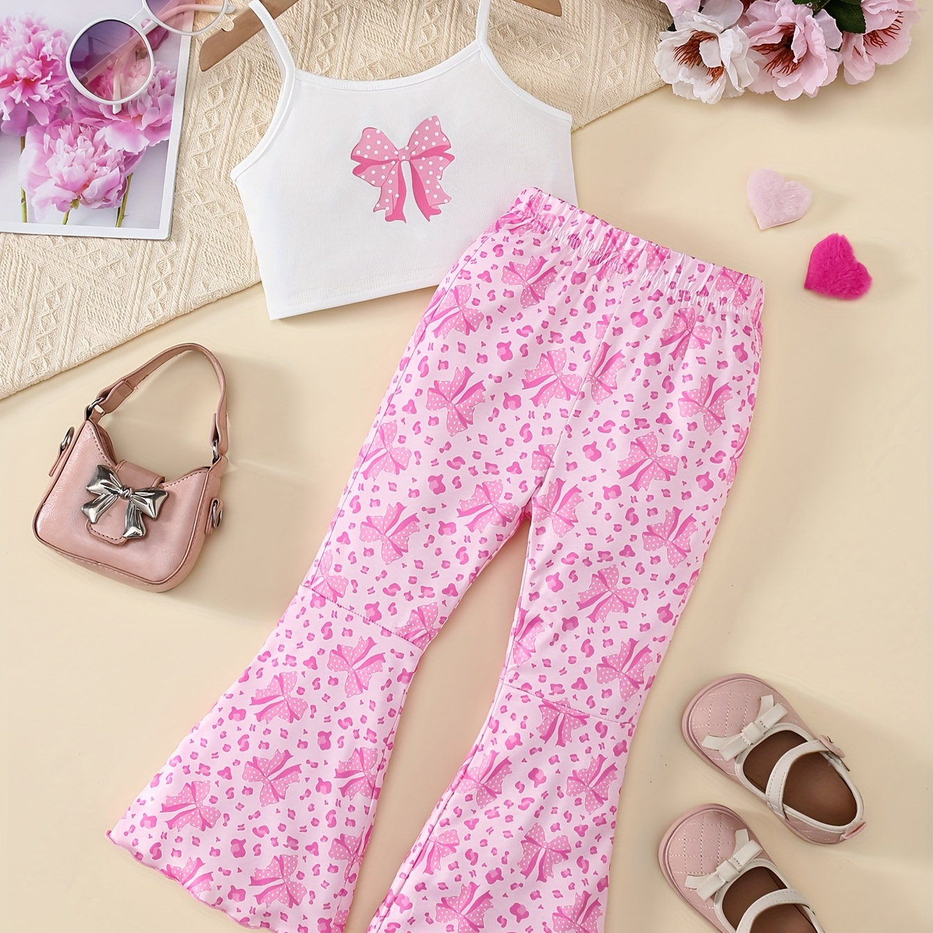 Girls' Summer New Sweet Style White Bow Print Short Thin Shoulder Strap Top Slightly Flared Wide Leg Pants Fashion Trend Two-piece Set Suitable For Daily Leisure And Vacation, for Outdoor