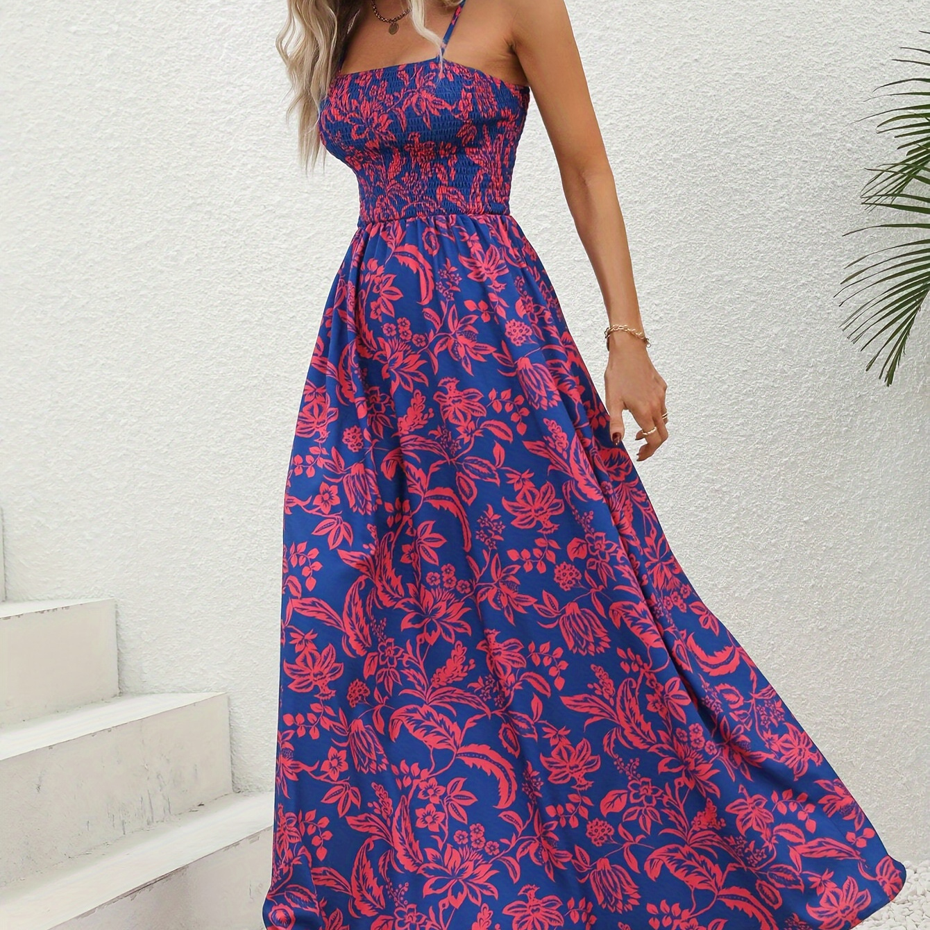 

Floral Print Shirred Bust Cami Dress, Vacation Style Maxi Dress For Spring & Summer, Women's Clothing