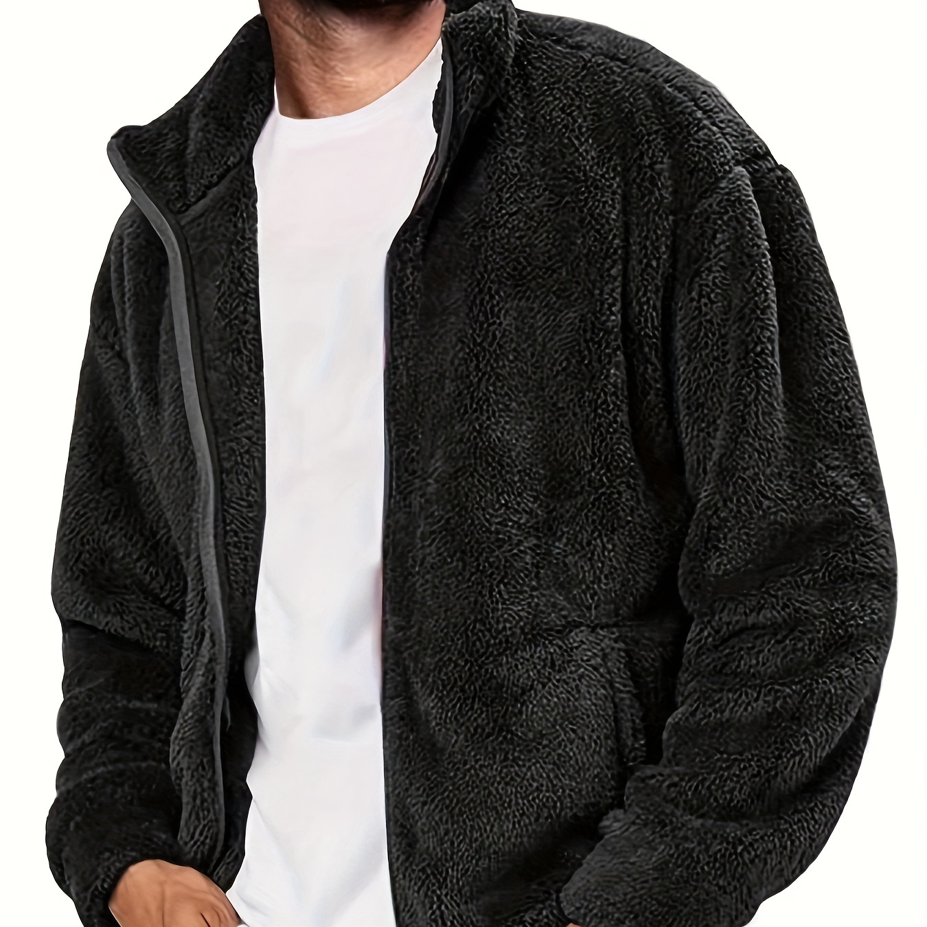 Plus Size Men's Plush Jacket With Zipper For Fall Winter, Thick Warm Band Collar Jacket For Males, Men's Clothing