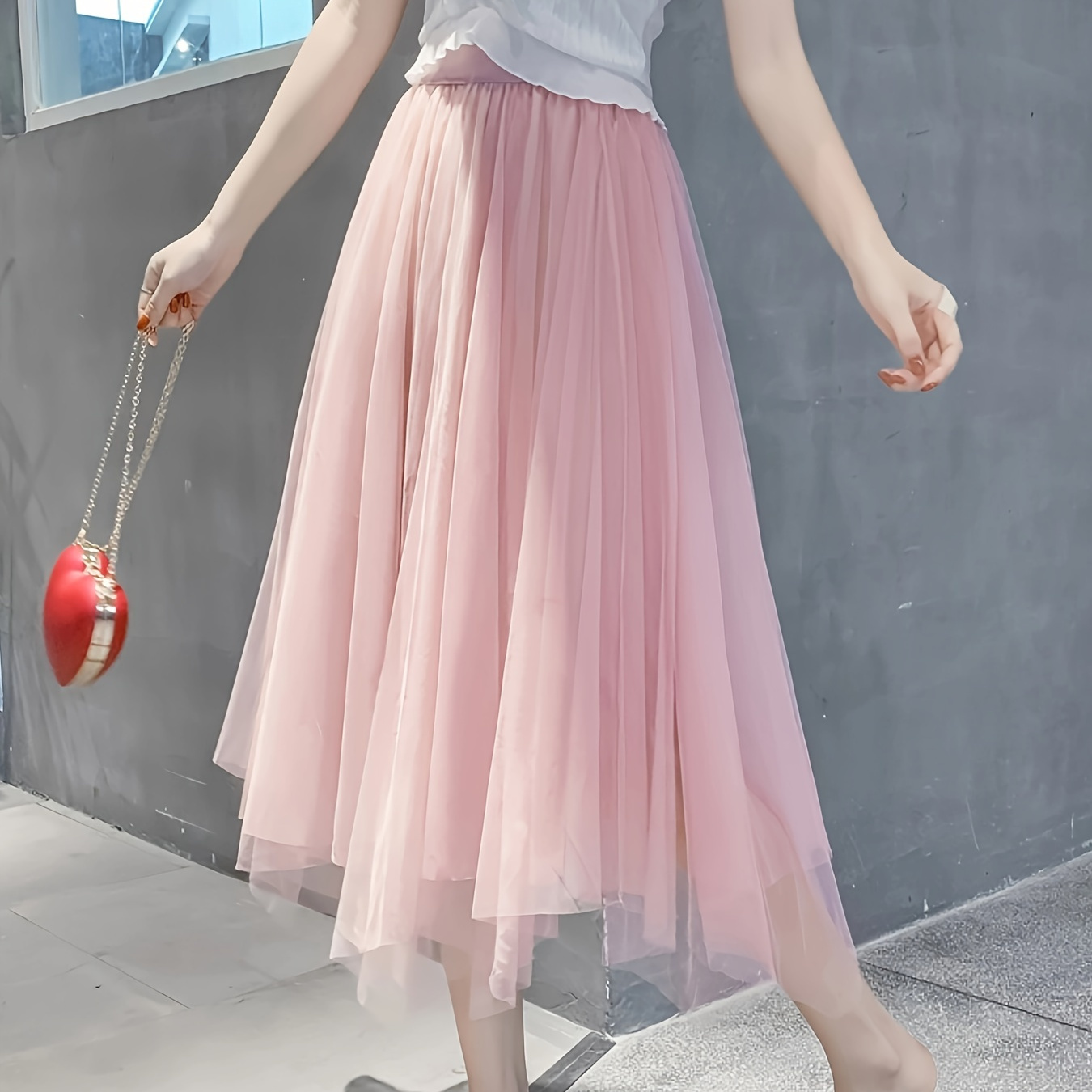 

Solid Elastic Waist Tulle Skirt, Casual A-line Asymmetric Hem Skirt For Spring & Summer, Women's Clothing