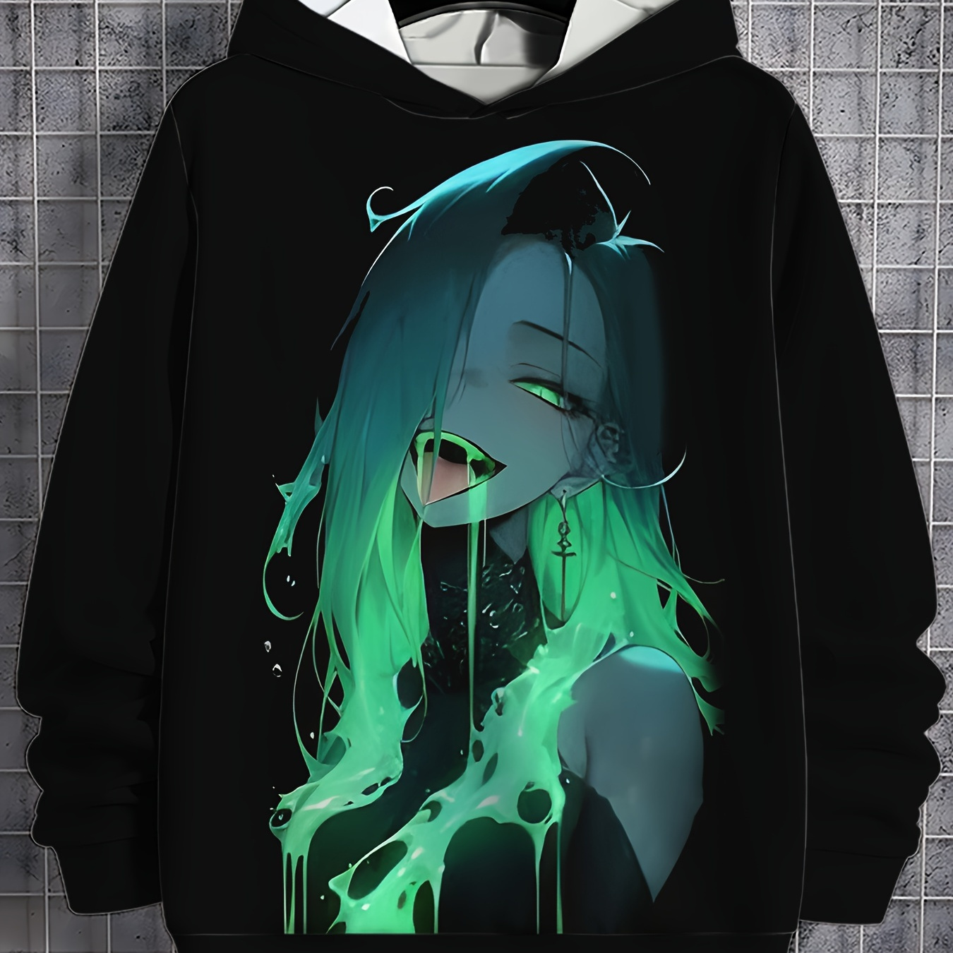 

Men's Neon Anime Girl Graphic Hoodie - Casual Black Pullover With Vibrant Teal & Green Fluorescent Print, Comfortable Polyester Knit For Casual Attire, Outdoor Clothing| Piece|, Anime Clothes