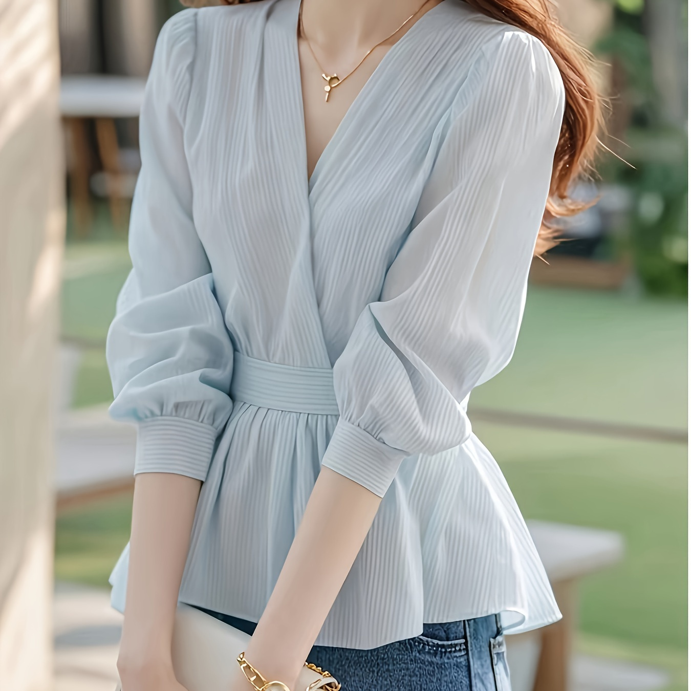 

Striped Print V Neck Blouse, Casual Long Sleeve Peplum Hem Top For Spring & Fall, Women's Clothing, Style, Outing Occasion, Version, Spring/autumn