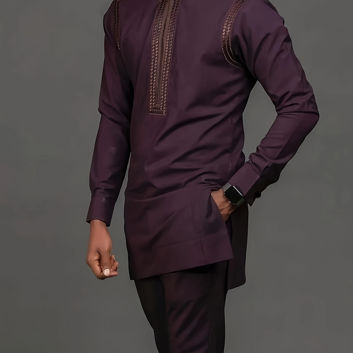 

Men's Suit, Long Sleeve, Round Neck, Embroidery, Shoulder Zipper, Pocket, Split Hem, Pants, Men's Suit, Men's Casual Shirt And Pants 2pcs Set, New 1 Set, , Party, Wedding Wear, Brown