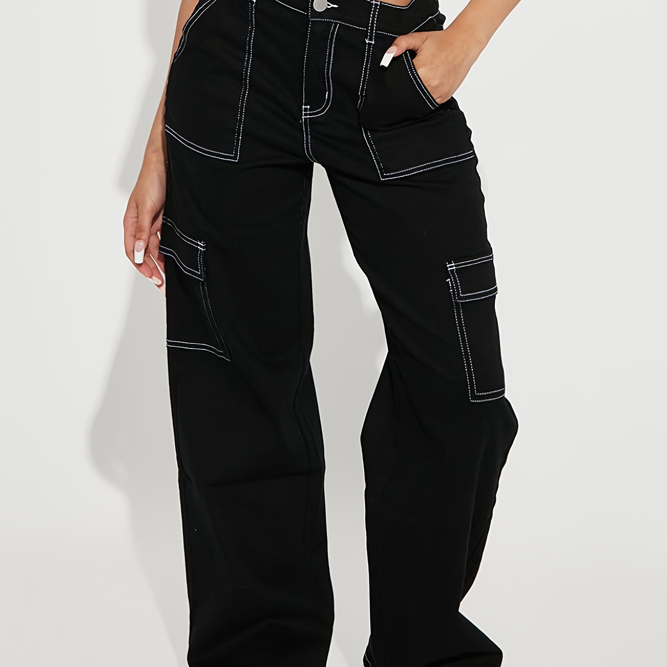 

Black Multi-pocket Contrast White Seam Loose Denim Cargo Pants, Solid Color Slash Pocket Zipper Button Closure Cargo Jeans, Y2k Kpop Style, Women's Denim Jeans & Clothing