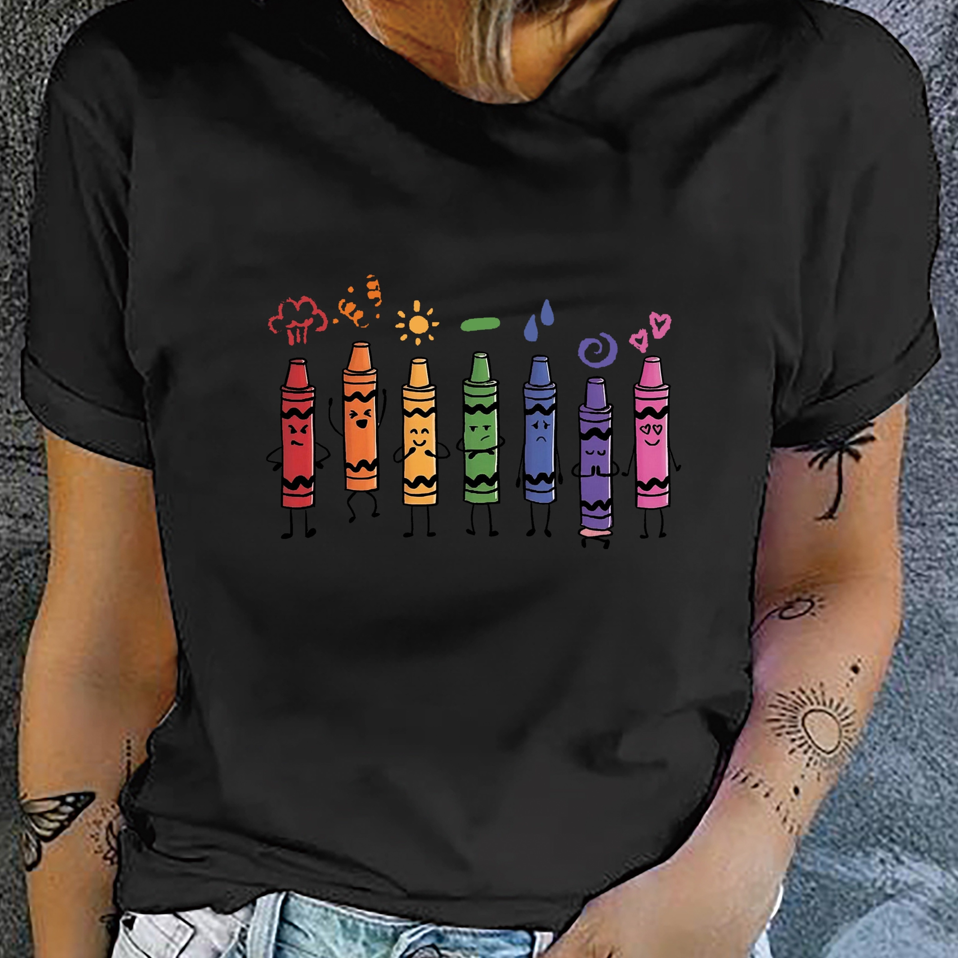 

Crayon Print T-shirt, Short Sleeve Crew Neck Casual Top For Summer & Spring, Women's Clothing
