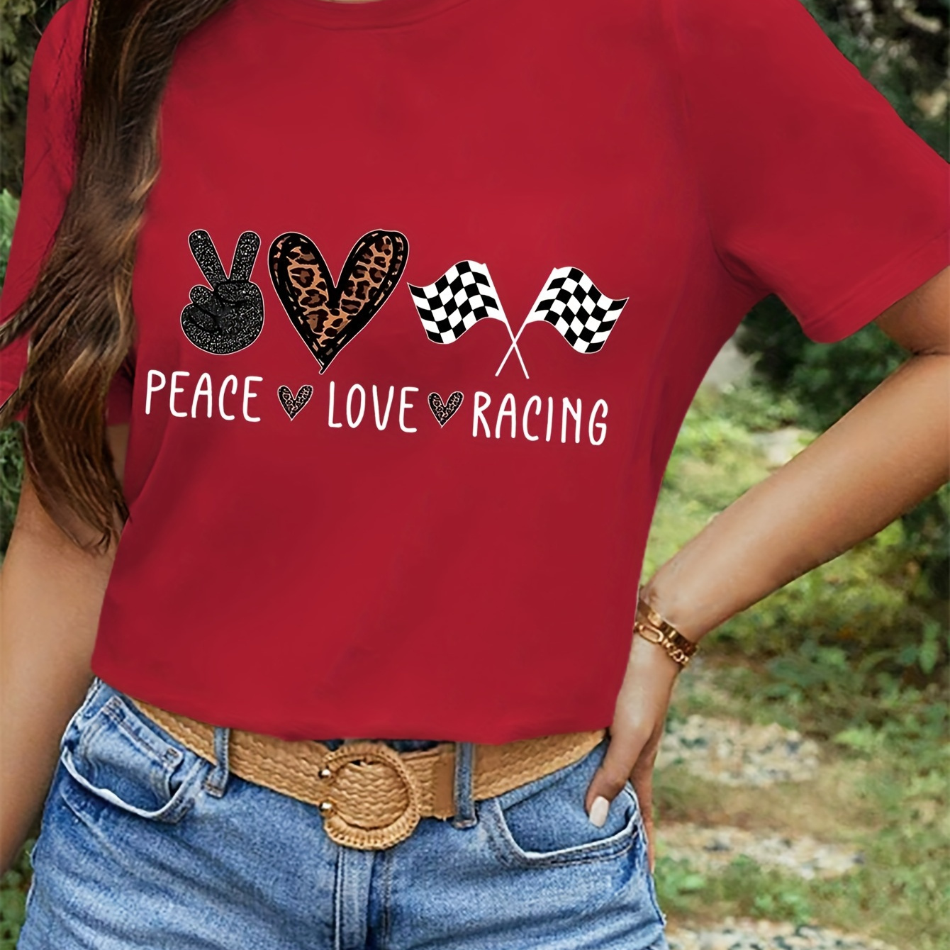 

Peace Print T-shirt, Casual Crew Neck Short Sleeve Top For Spring & Summer, Women's Clothing