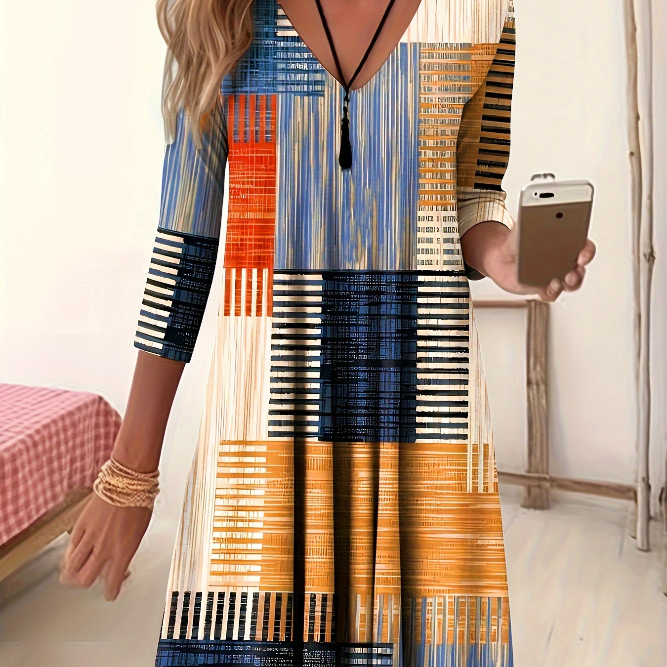 

Patchwork Print Midi Dress, Casual V Neck Long Sleeve Dress, Women's Clothing