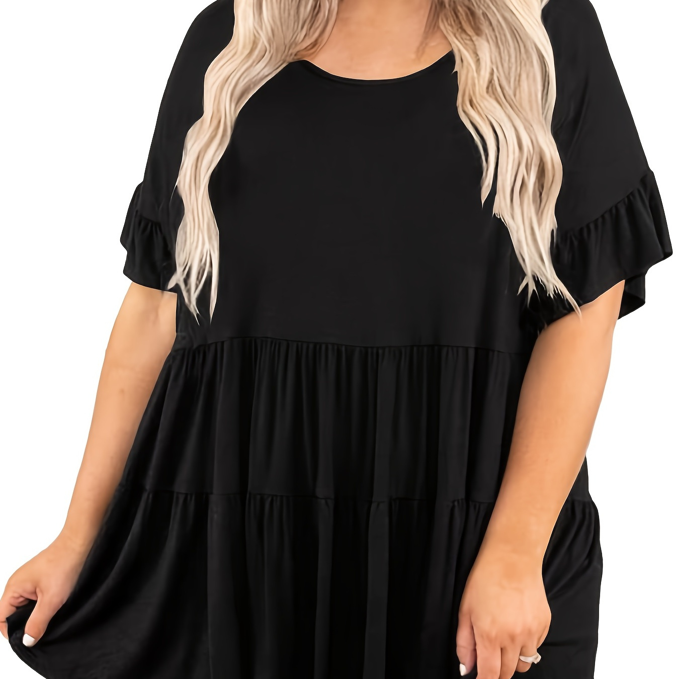 Plus Size Casual Top, Women's Plus Solid Round Neck Short Sleeve Ruffle Peplum Blouse