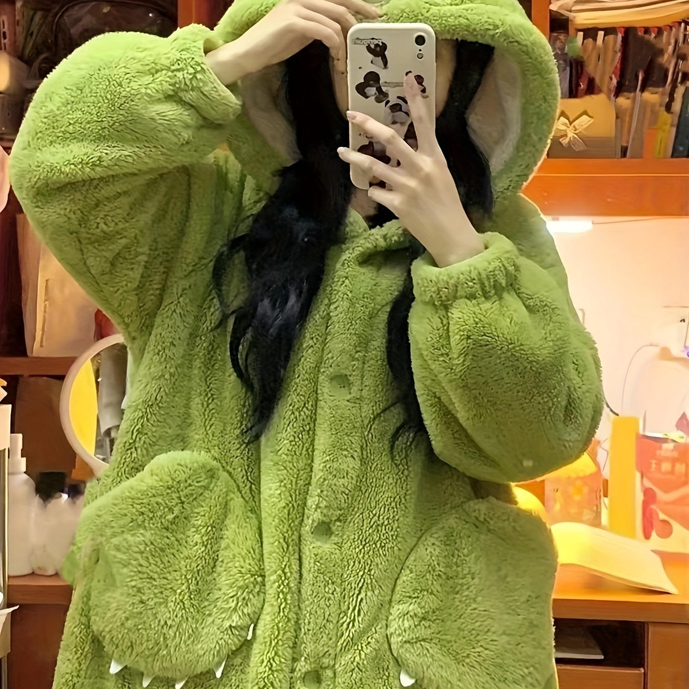 

Cute Monster Fleece Thickened Night Robe, Long Sleeve Buttons Hooded Loose Fit Robe With Pockets, Women's Sleepwear For Fall & Winter
