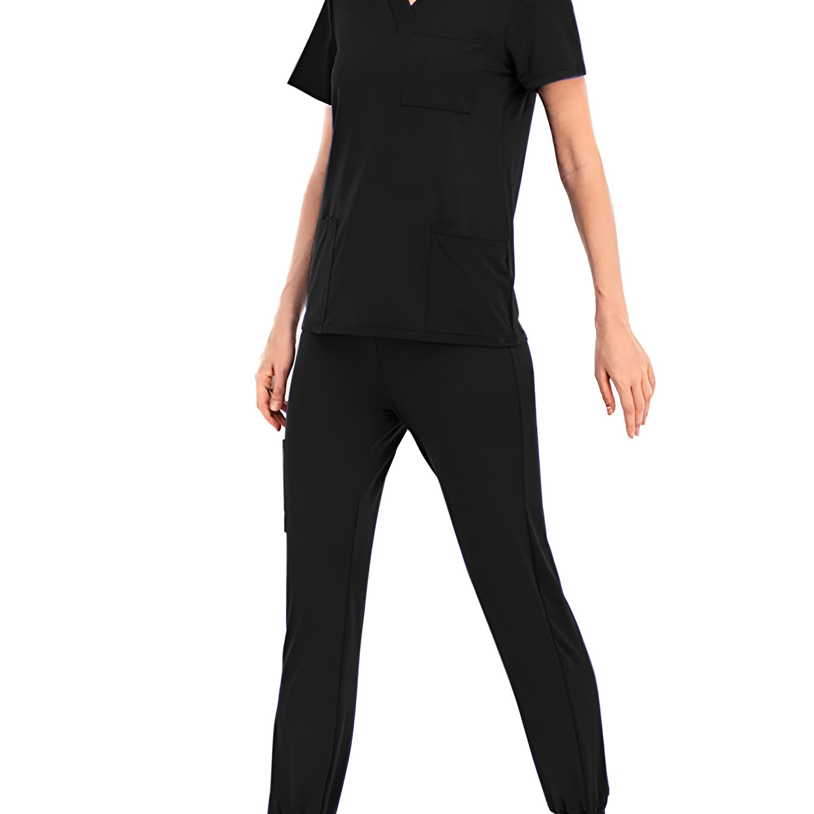 Solid Nurse Two-piece Set, V Neck Short Sleeve Tops & Long Length Pocket Pants Outfits For Work, Women's Clothing