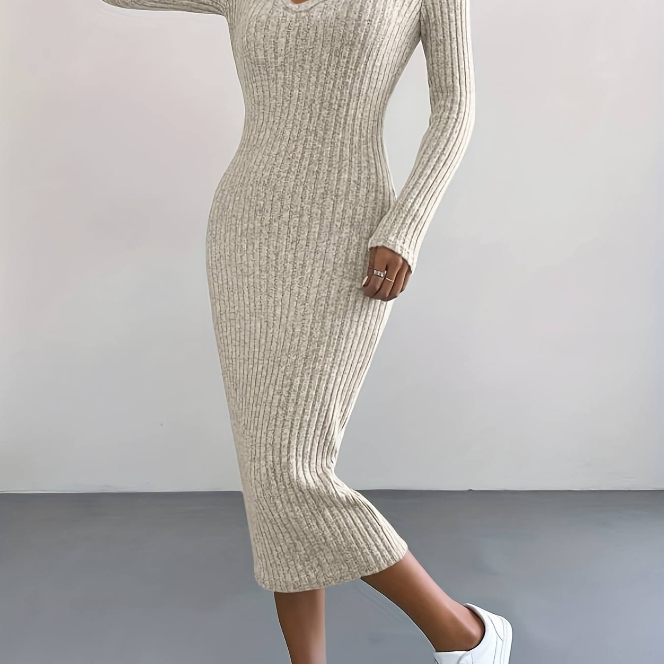 

Solid Rib Knit Sweater Dress, Elegant V Neck Long Sleeve Midi Dress, Women's Clothing