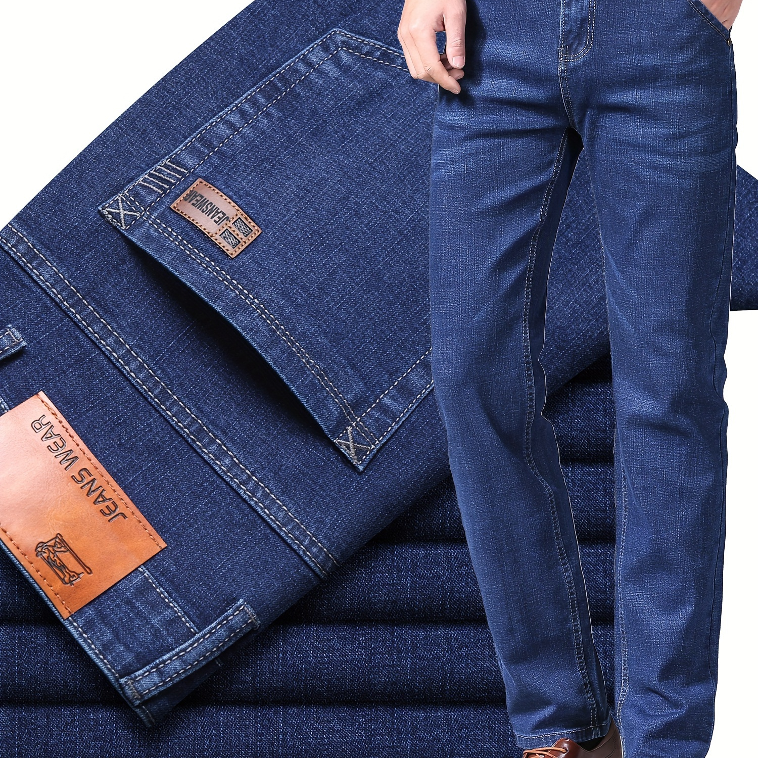 

Men's Solid Washed Denim Pants With Pockets, Casual Breathable Cotton Blend Straight Leg Jeans For Outdoor Activities Gift