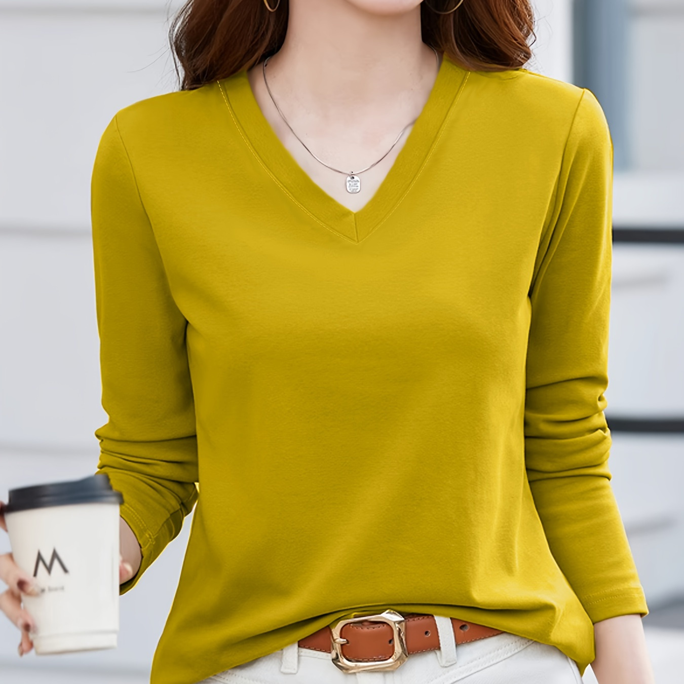 

Solid Color V Neck T-shirt, Essential Long Sleeve Slim Top For Spring & Fall, Women's Clothing