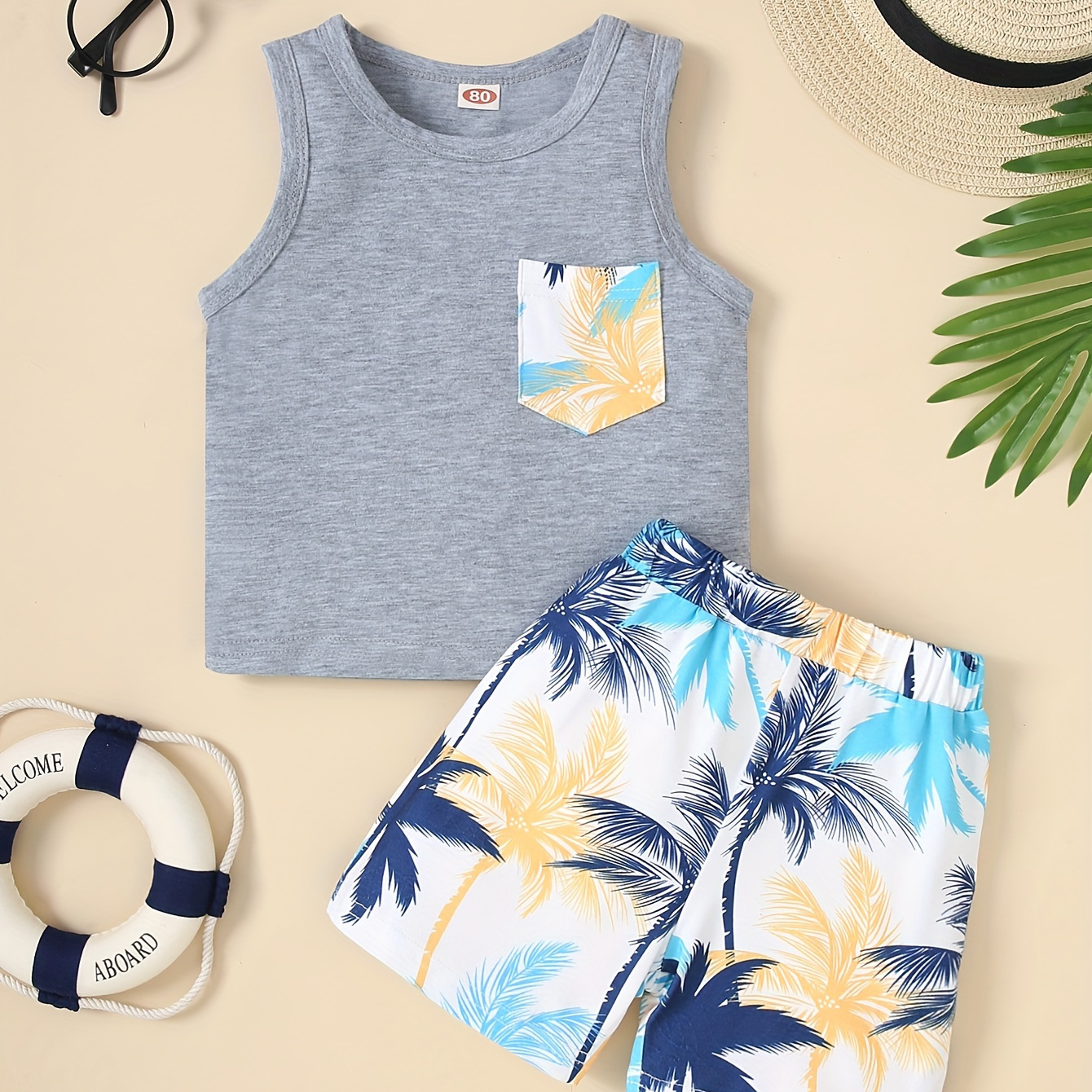 

Baby's Coconut Tree Print 2pcs Summer Casual Outfit, Pocket Patched Tank Top & Shorts Set, Toddler & Infant Boy's Clothes