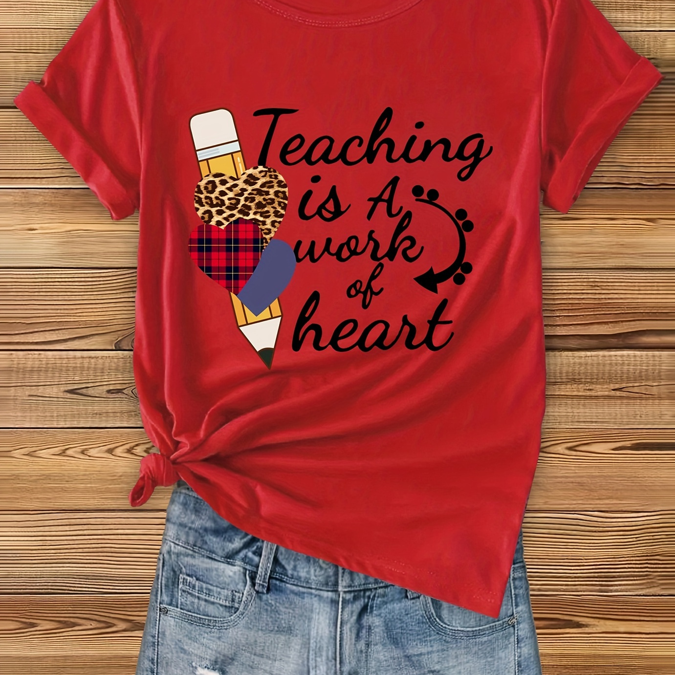 

Teacher's Day Letter Print T-shirt, Short Sleeve Crew Neck Casual Top For Summer & Spring, Women's Clothing