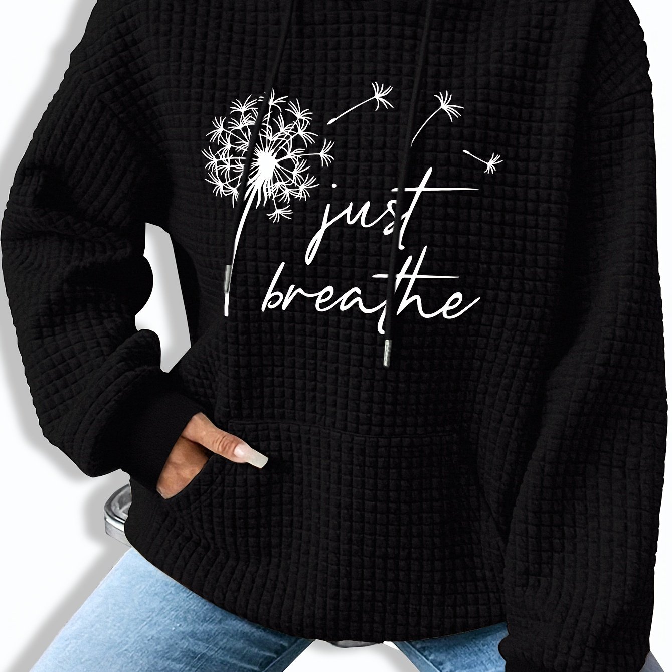 

Just Breathe Print Waffle Drawstring Hoodie, Casual Long Sleeve Long Sleeve Sweatshirt With Pocket, Women's Clothing